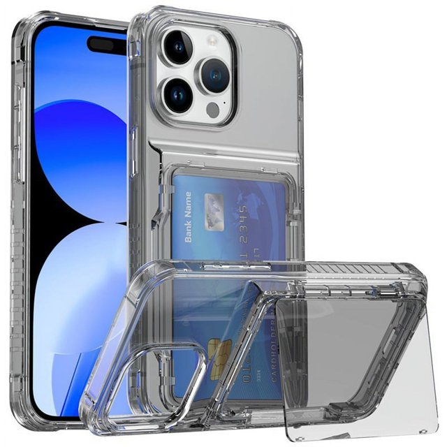Transparent PC Case For iPhone 16 Pro Max 16Plus Shockproof Card Holder Phone Case for iPhone 13 14 15 Pro Max 16 Pro Cover Capa Transparent Black For iPhone 15 Plus