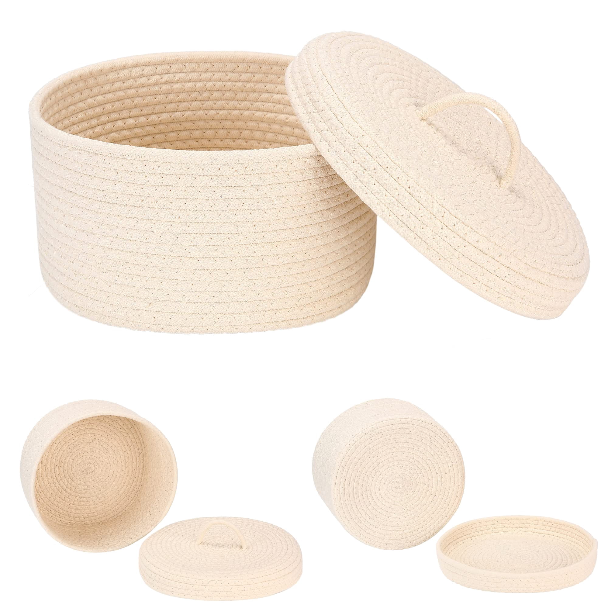 Sea Team Round Cotton Rope Storage Basket with Lid, Lidded Woven Storage Bin, Nursery Storage Container, Diaper Caddy, Baby Shower Basket, Box, Organizer, 11.8 x 11.8 x 6.7 Inches, Cream
