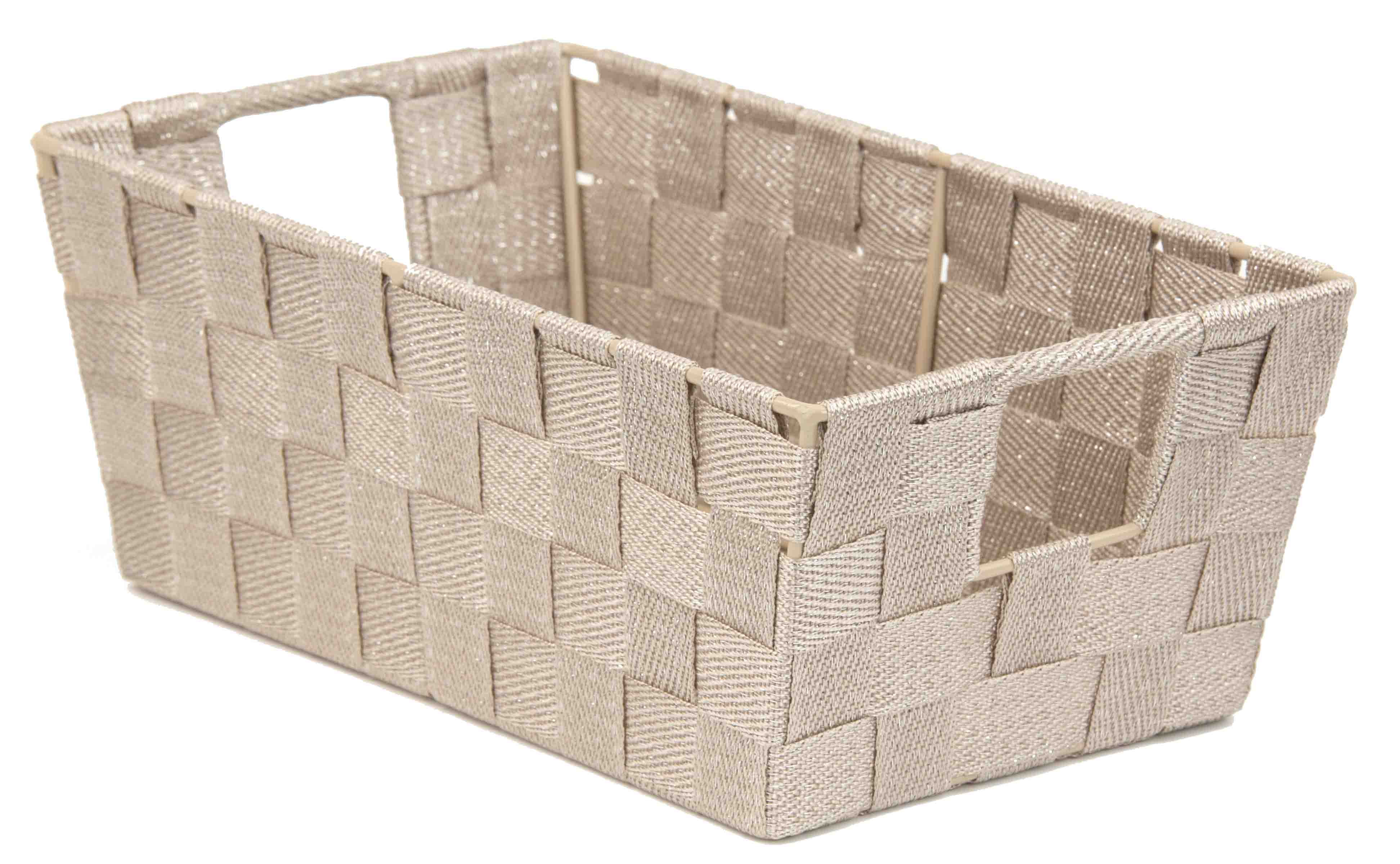 Home Basics Small Polyester Woven Strap Open Bin, Metallic Beige