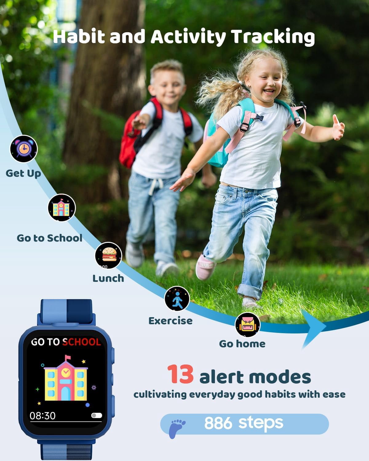 BIGGERFIVE Smart Watch for Kids with Dual Cameras, Two Straps, 30 Puzzle Games, Video & Music Player, Audiobooks, Flashlight, Pedometer, Educational Toys Birthday Gifts for Girls Ages 4-10 Blue