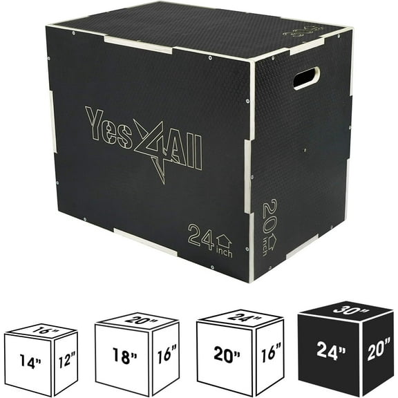 Yes4All 3-in-1 Wooden Plyo Box, Non Slip Surface with Hex Grip, Three Different Height, 30" 24" 20", Black Color