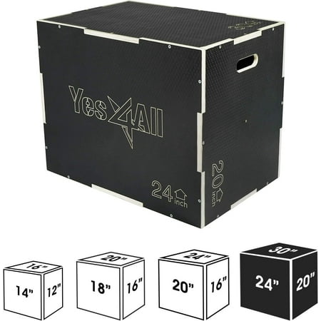 Yes4All 3-in-1 Wooden Plyo Box, Non Slip Surface with Hex Grip, Three Different Height, 30" 24" 20", Black Color