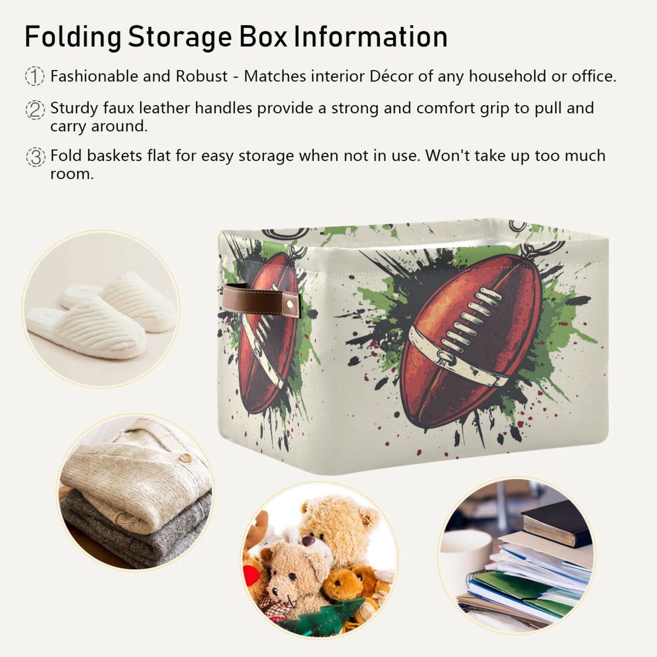 American Football-shaped Foldable Storage Basket,Canvas Fabric Foldable Storage Bins with Handles Open Home Storage Bins Boxes for Toy Book Shelf Closet Baskets