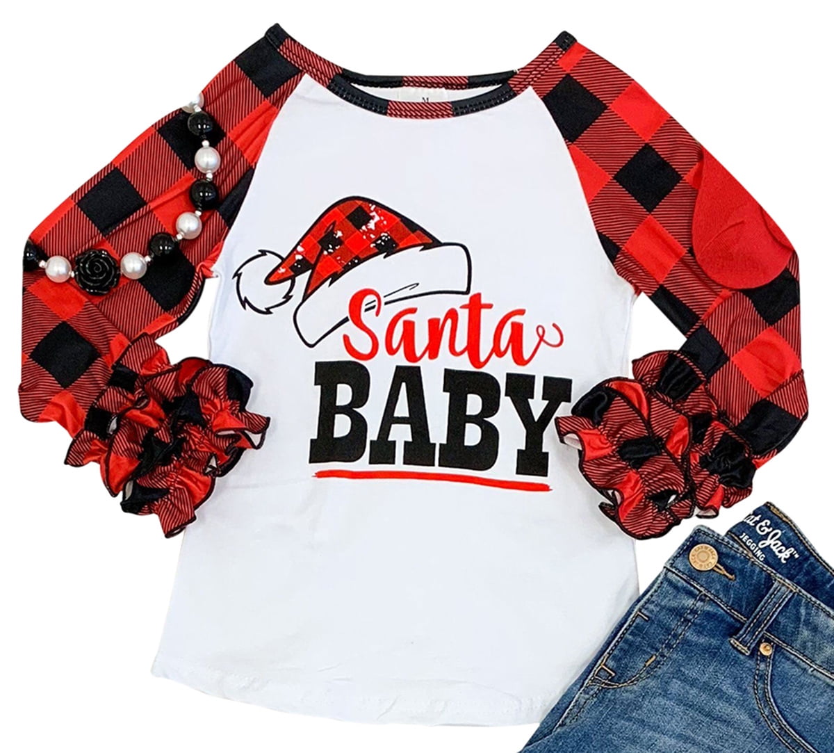 Little Girl Kids Santa Baby Christmas Plaid Shirt Top Tee TShirt White