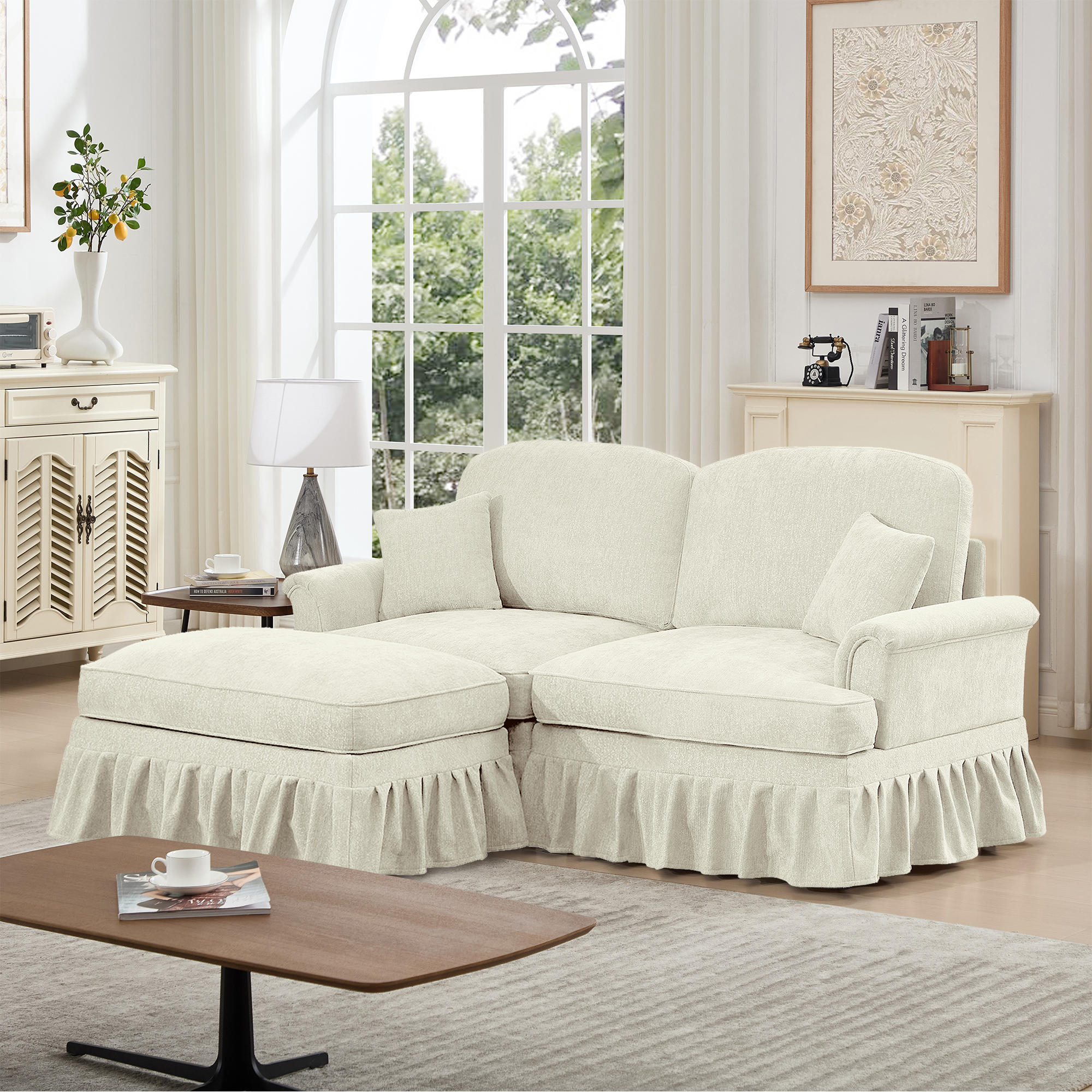 Newest Elegant Large Two Seater Modular L Shaped Sofa Couch, Flared Arms, Removable Ruffles Pleats Skirts, Spindle Legs,Comfy Chenille Loveseat Sofa, Movable Ottoman,Beige White