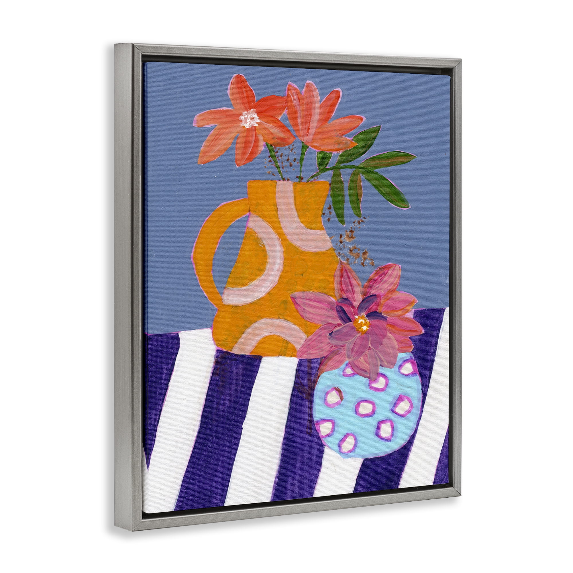 Stupell Industries Blue Whimsy Farm Vase Plants & Flowers Painting Gray Floater Framed Canvas Art Print Wall Art, 17 x 21
