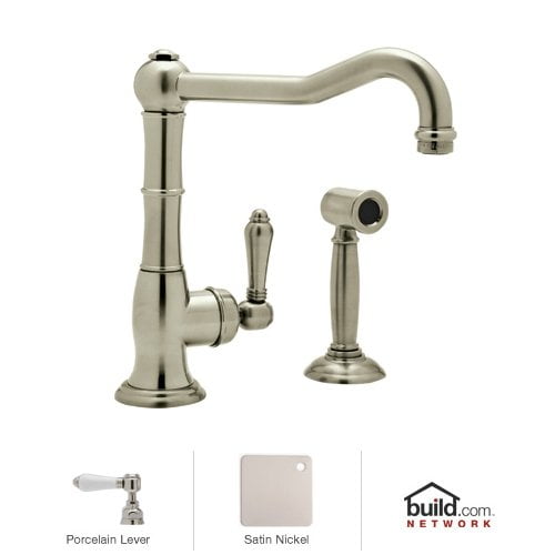 Rohl Italian Kitchen Cinquanta Single Hole Faucet In Satin Nickel With Single Side Porcelain Lever Sidespray And 9