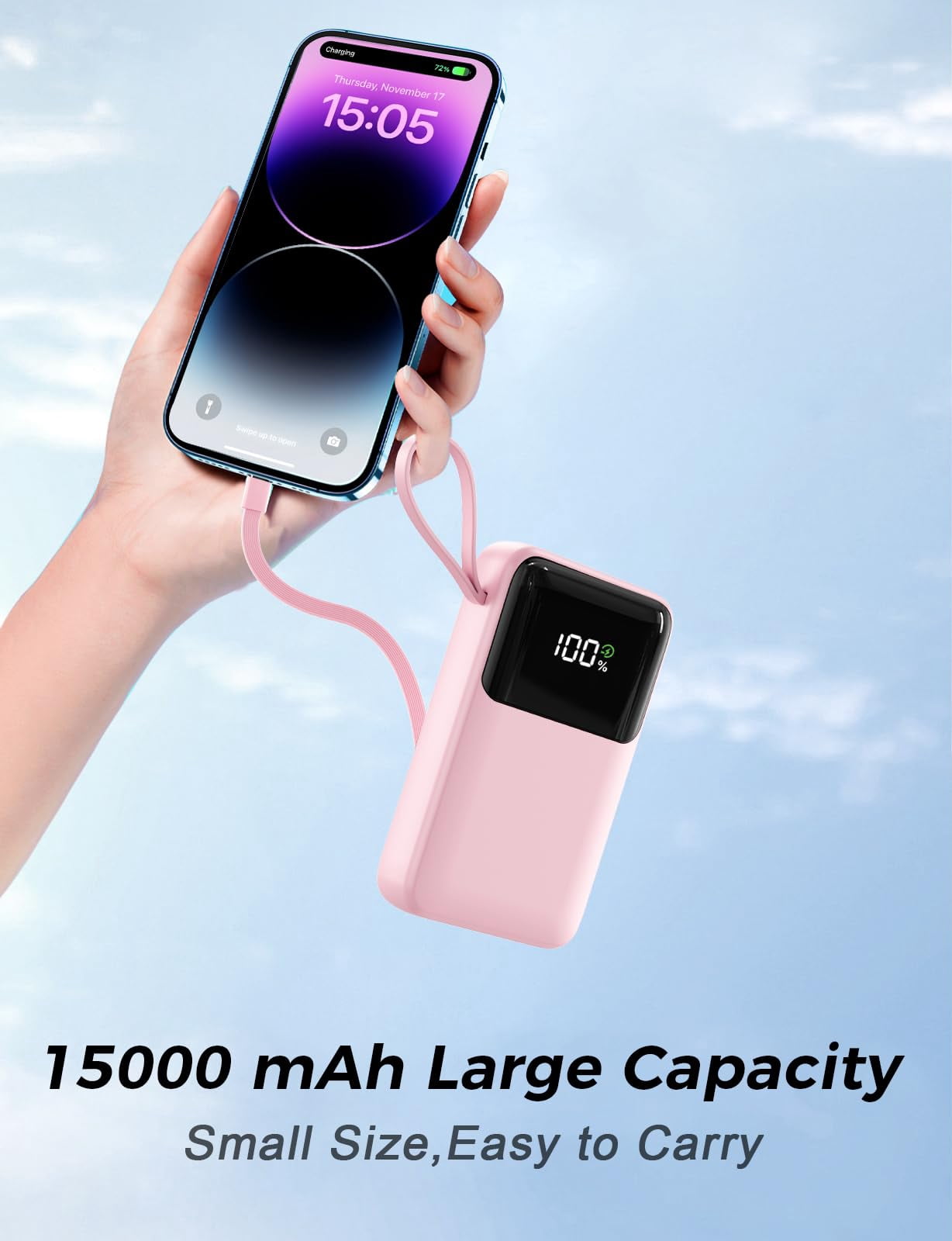 Power Bank, 15000mAh Portable Charger with Built in Cable, 22.5W Fast Charging, 6 Outputs, Slim Travel Essential Battery Pack with LED Display, Compatible with iPhone 17/16/15/14/13, Samsung, iPad