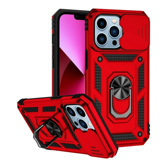 For iPhone 14 - Red Armoured Case With Ring Holder Stand Camera Shutter