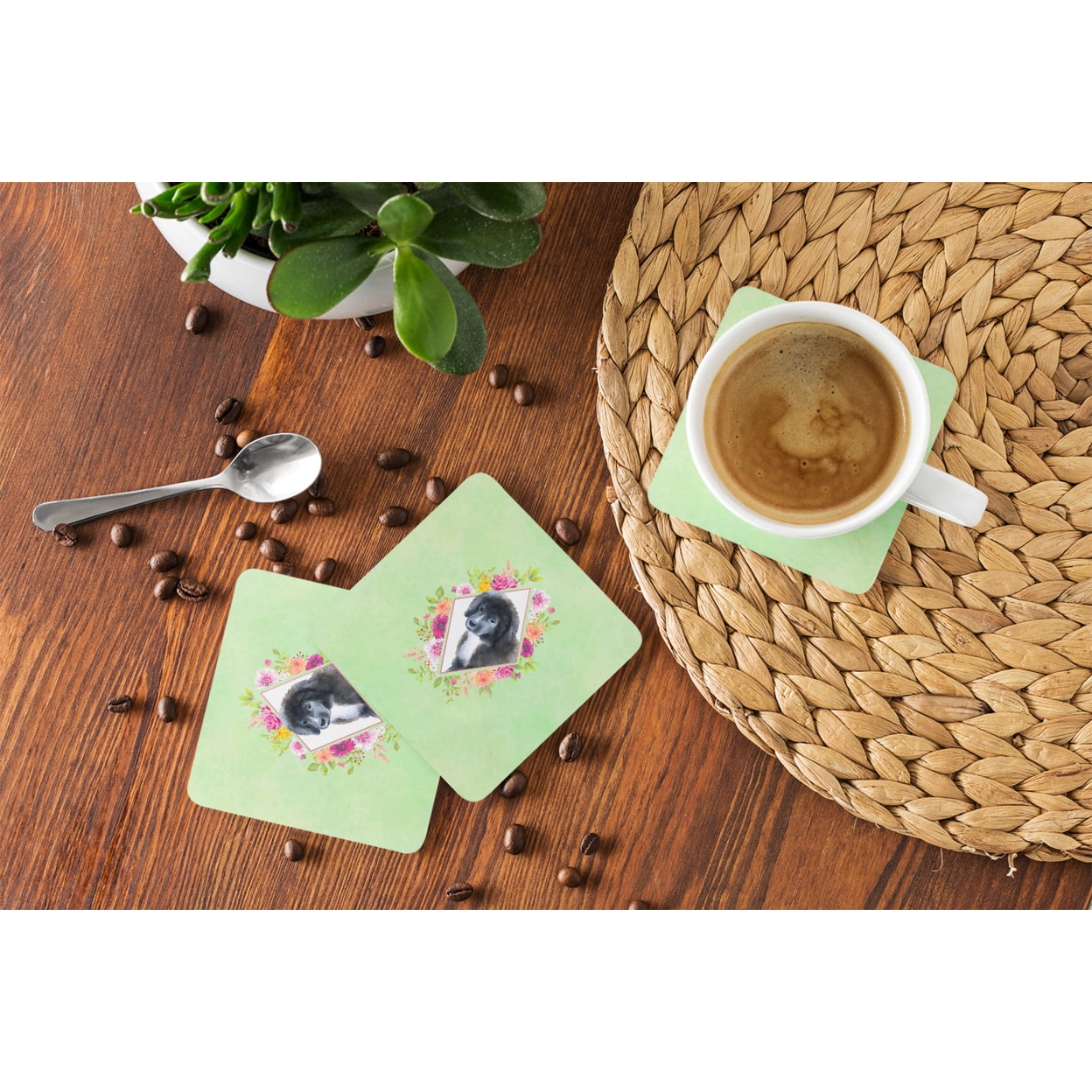 Carolines Treasures CK4324FC Newfoundland Puppy Green Flowers Foam Coaster Set of 4 3 1/2 x 3 1/2 multicolor