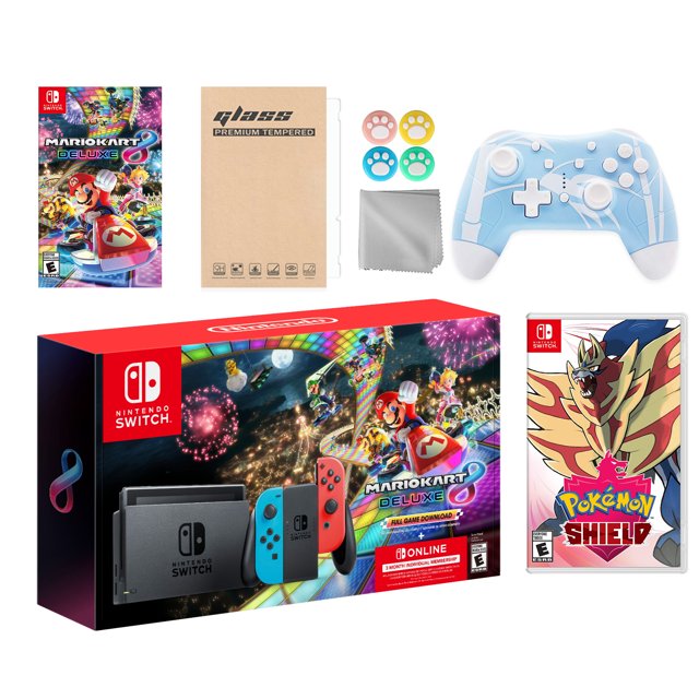 Nintendo Switch Mario Kart 8 Deluxe Bundle: Red/Blue Console, Mario Kart 8 & Membership, Pokemon Shield, Mytrix Wireless Pro Controller Blue Bamboo and Accessories