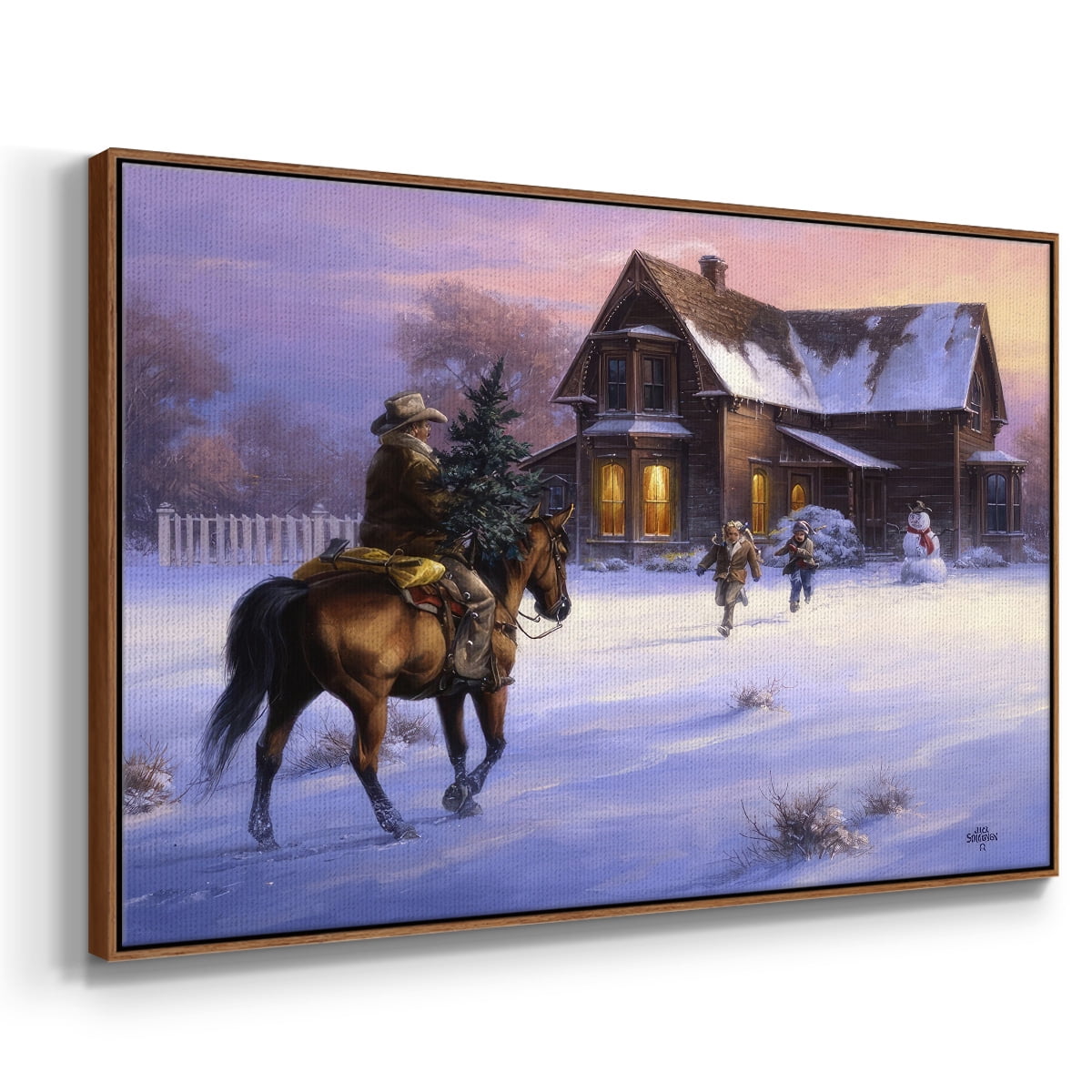 The Day Daddy Brought Home the Tree - Framed Gallery Wrapped Holiday Canvas - 27 x 41 - Rosewood Frame