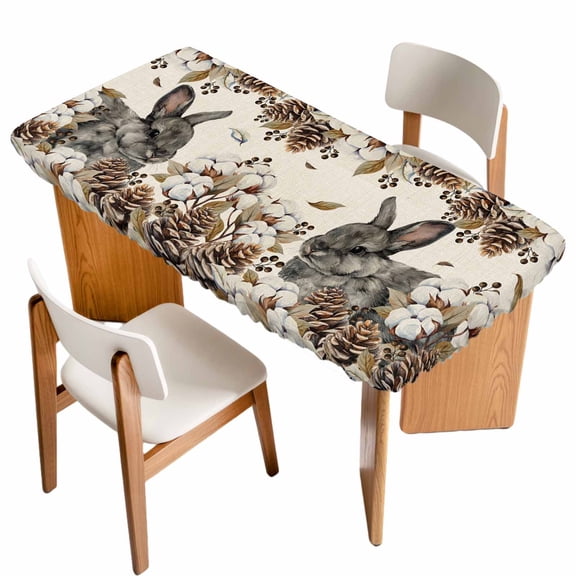 Grey Rabbits Table Cloths for 6 Foot Rectangle Tables, Pine Cones Brown Plants Rustic Leaves Vintage Patio Waterproof Elastic Fitted Tablecloths, Washable Rectangular Table Cover for Camping