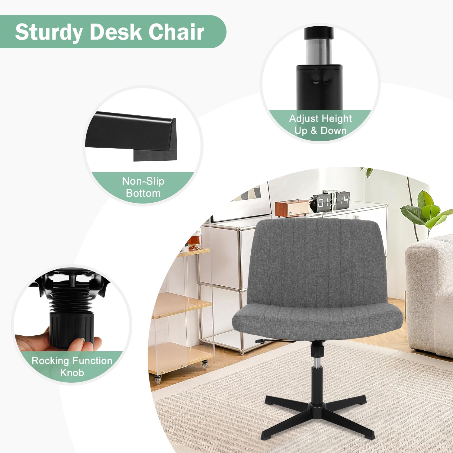 Criss Cross Chair, Armless Cross Legged Desk Chair Wide Seat Computer Task Chair Modern Height Adjustable Mid Back Chair No Wheels （Grey）