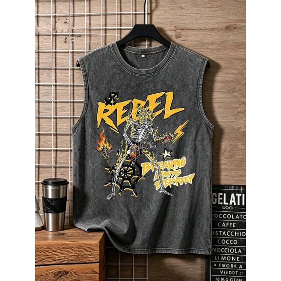 Black Vintage Washed Distressed Sleeveless Tank Top With Skeleton Guitar Print, Rebel Rock Flame Graphic, Loose Crew Neck Streetwear