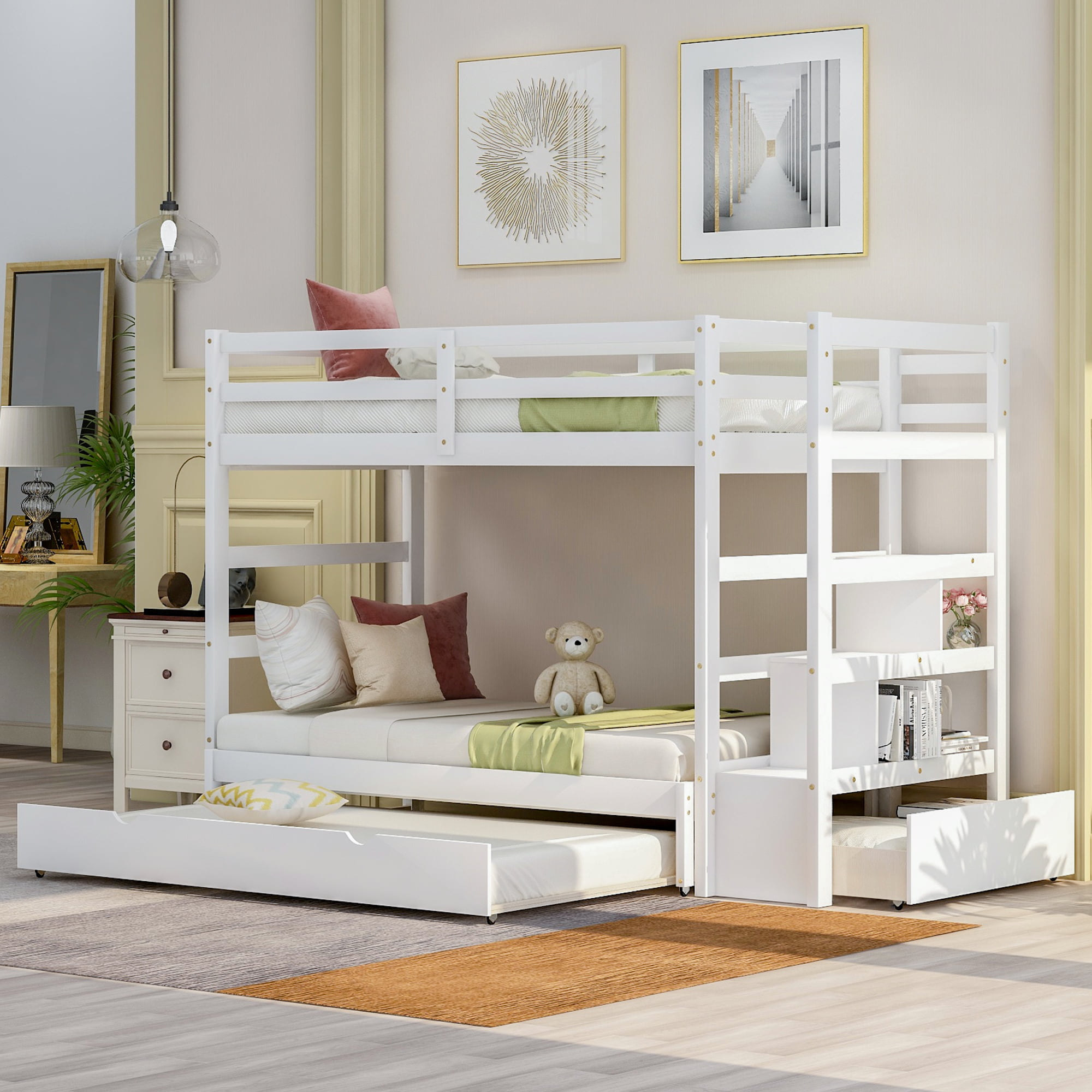 Kid\u0026#39;s Bunk Bed with Trundle, Twin-Over-Twin Bunk Bed for Kids, Space ...