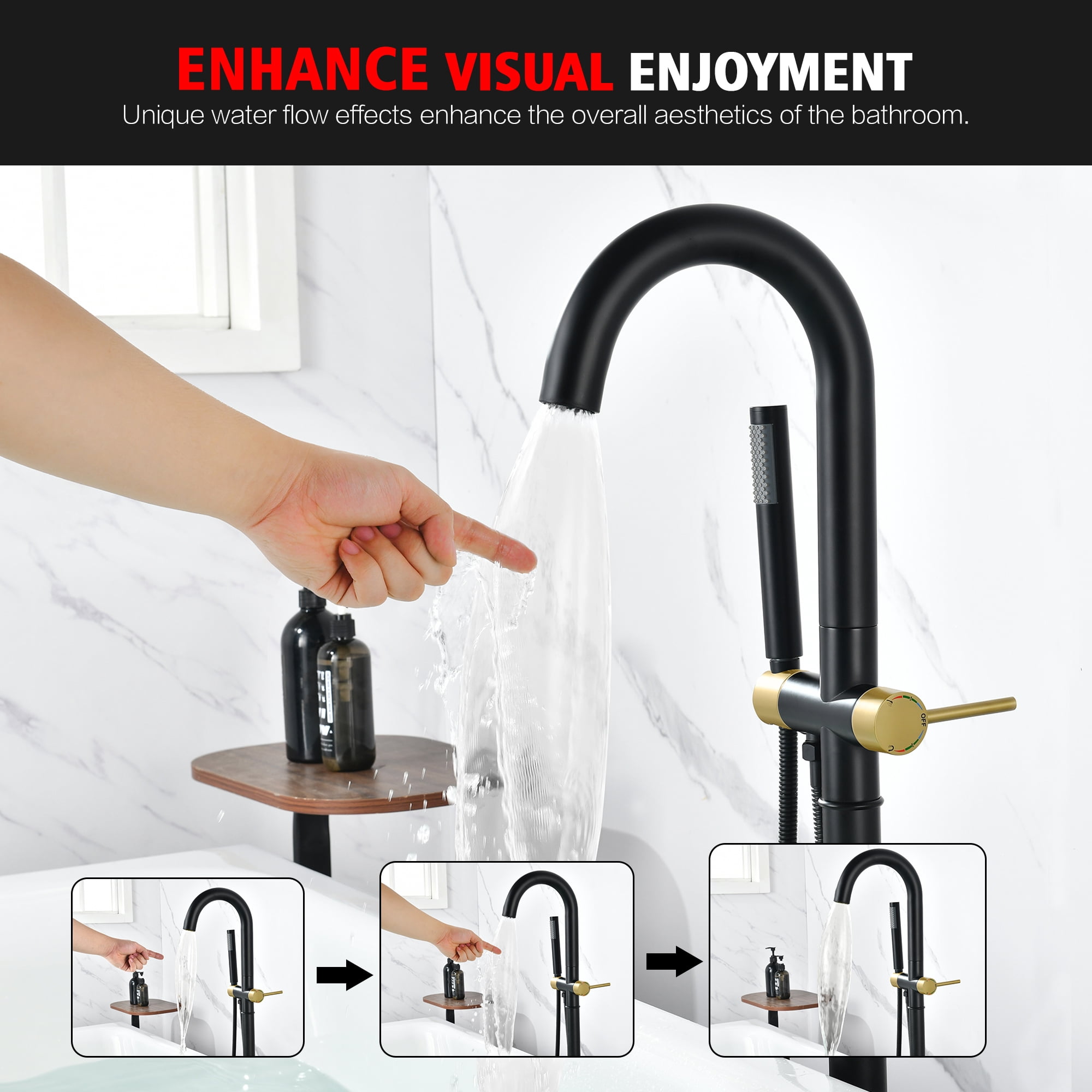 sumerain Floor Mounted Tub Faucet with Handheld, High Flow Freestanding Bathtub Faucet with Swivel Spout Black and Gold
