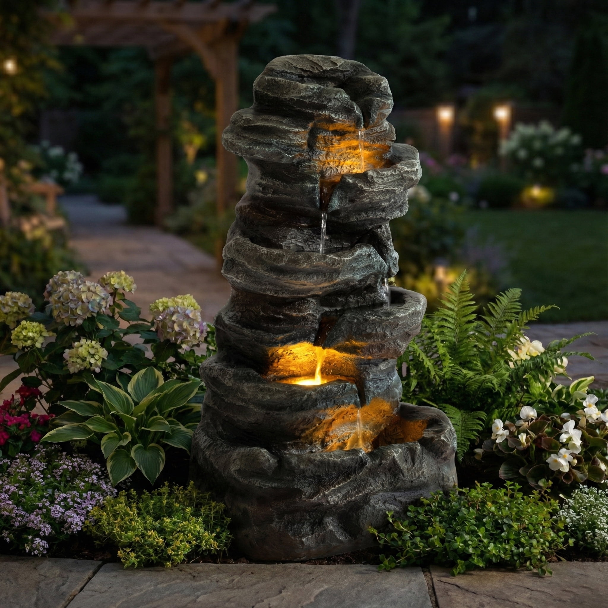 6-Tier Outdoor Cascading Stone Water Fountain with 3 LED Lights, Freestanding Led Fountain Decor for Garden, Patio, Yard & Deck, Natural Rock Appearance