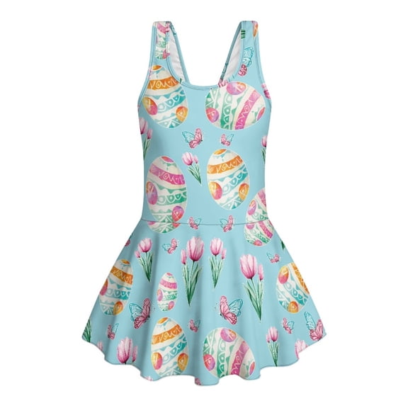 COEQINE Girls One Piece Swimsuit with Skirt Sleeveless Cute Skirted Bathing Suit Hawaiian Swimwear for Kids 3-4 Years, Summer Swim Dress for Water Play, Easter Egg Butterfly Tulip Blue