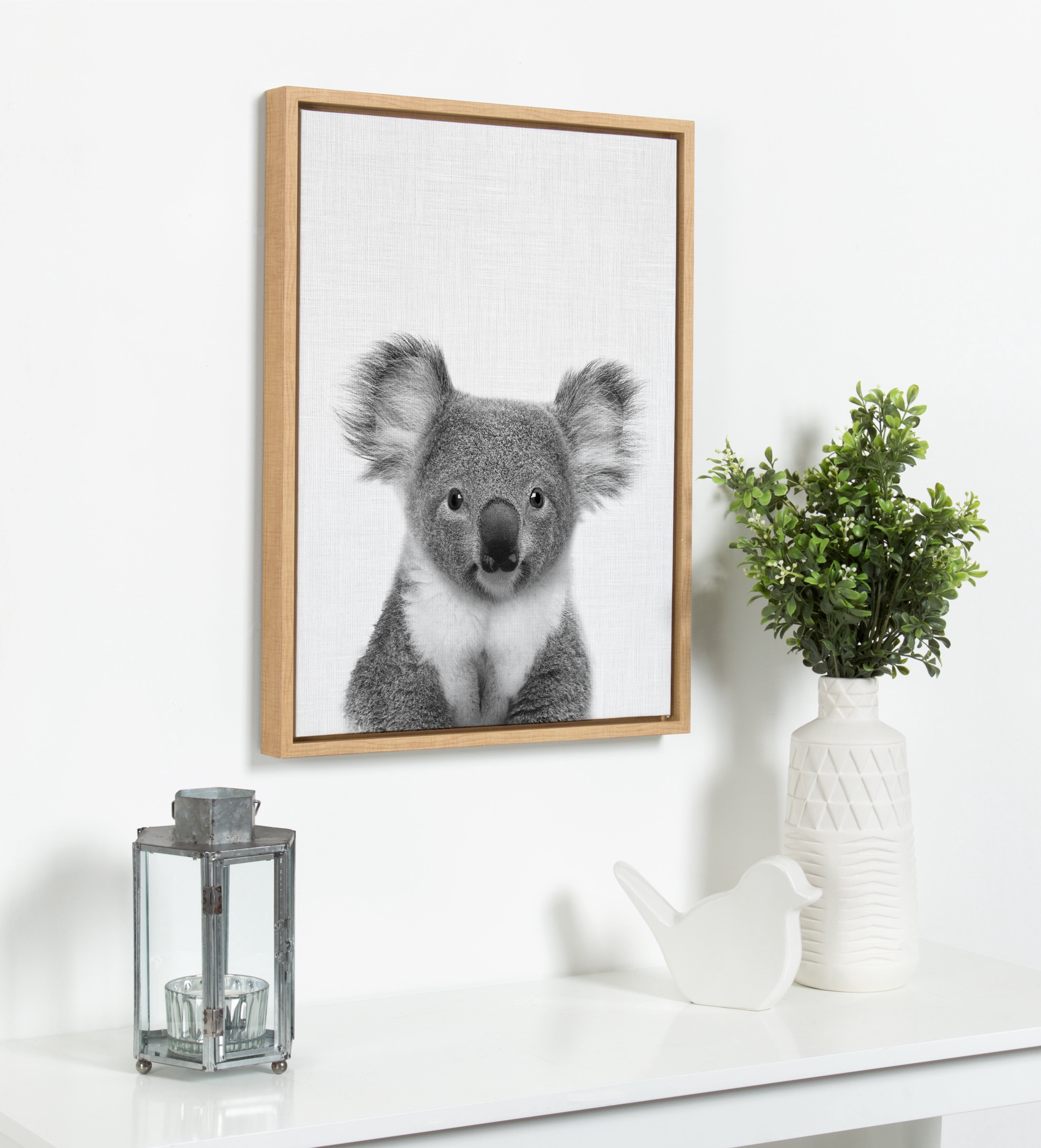 Kate and Laurel Sylvie Koala Bear Black and White Portrait Framed Canvas Wall Art by Simon Te Tai, 18x24 Natural