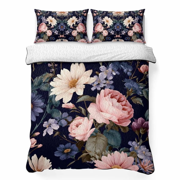 Quilts Twin XL Size Bedding Set, Boho Black Flowers Lightweight Quilted Comforter, Vintage Pink Purple Floral Leaf Soft Reversible Bedspread Coverlet with Pillow Covers for All Season, 68" x 98"
