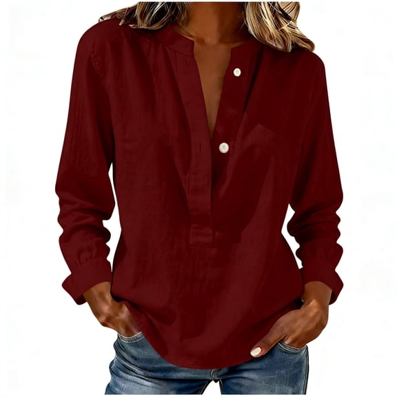 Womens Cotton Linen Shirts V Neck Button Down Long Sleeve Tops Casual Loose Fit Beach Vacation Summer Clothes