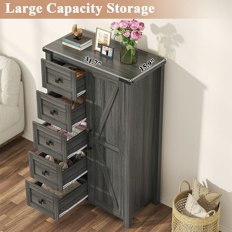 Winkalon 5 Drawers Dresser Chests for Home Bedroom, Farmhouse Wood Rustic Tall Chest of Drawers, Pull Storage Cabinet,Grey