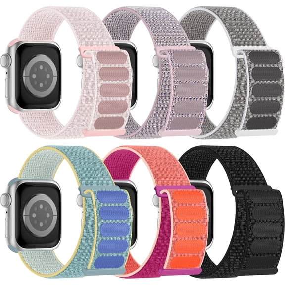 KOMI 6 Pack Sport Nylon Loop Band Compatible with Apple Watch Bands 38mm 40mm 41mm 42mm 44mm 45mm 49mm for Women Men, Adjustable Breathable Braided Straps for iWatch Series 9/8/7/6/5/4/3/2/1/SE/Ultra