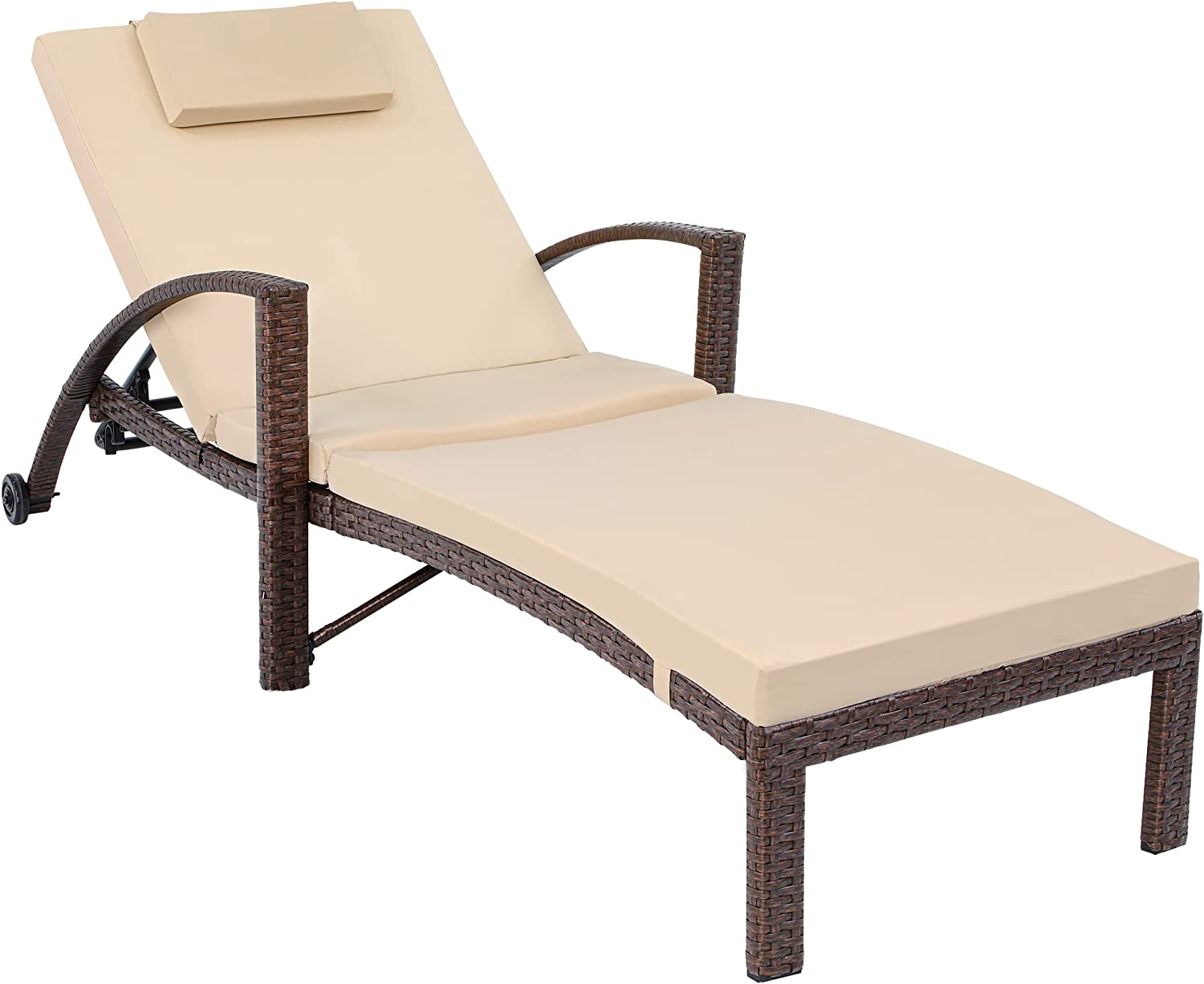 DWVO Outdoor Chaise Lounge Chairs, PE Rattan Wicker Patio Pool Loungers with Adjustable Backrest, Arm, Cushion, Pillow and Wheels for Poolside Backyard Porch Garden Beach (1, Brown) - image 2 of 9