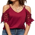 thumbnail image 1 of CHUANK Hauts d'Été pour Femmes à Col en V Épaules Dénudées T-Shirts Découpés en Dentelle Manches Courtes Blouses Unies, 1 of 7