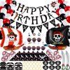98 Pieces Pirate Birthday Party Decoration, Pirate Birthday Banner Balloons Mustaches Cupcake Topper Captain Eye Patches Bandana Inflatable Sword Plastic Gold Earring for Pirate Theme Party Supplies
