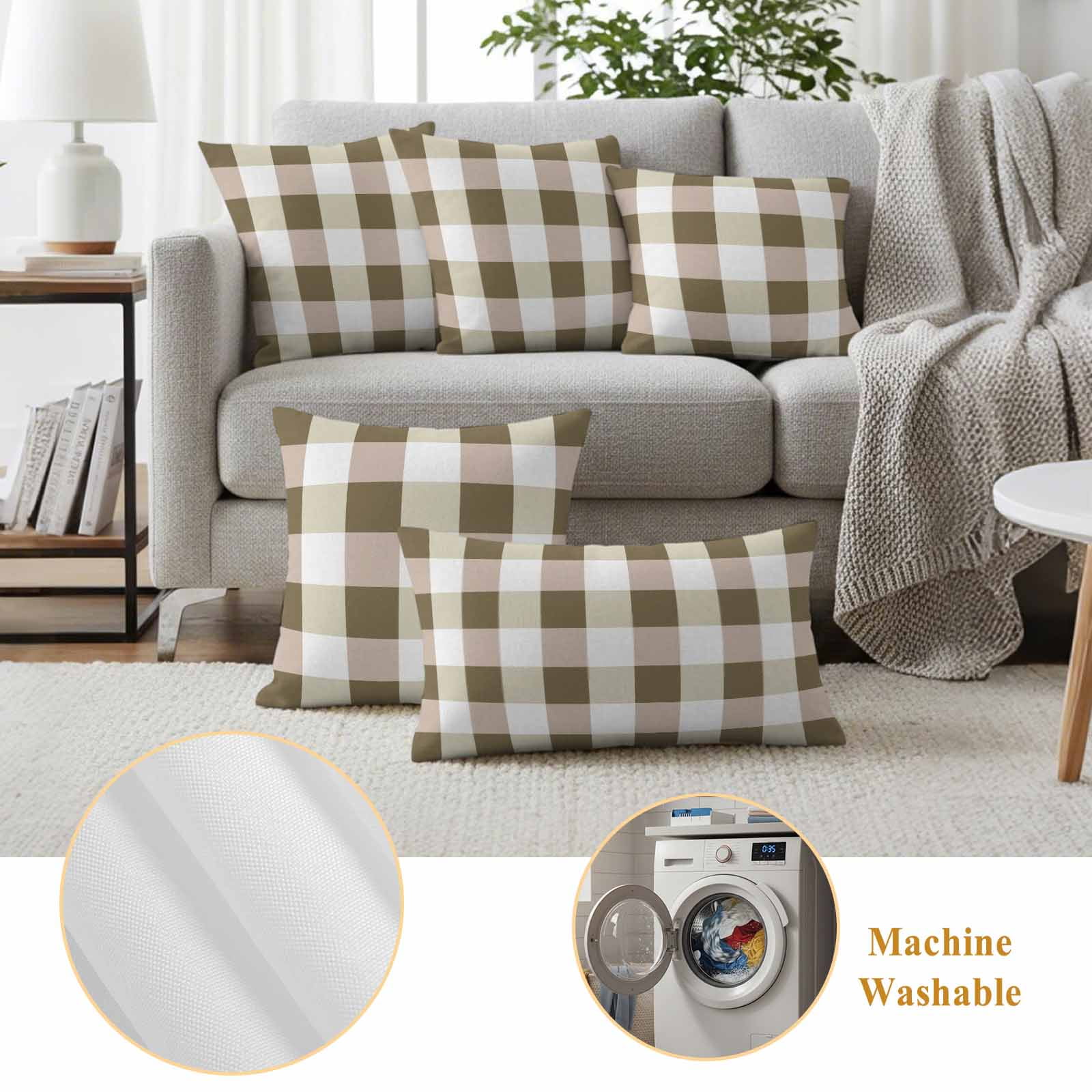 Pack of 2 Outdoor Pillow Covers,Waterproof Brown Plaid Throw Pillow Covers,Spring Summer Farmhouse Buffalo Checkered Decorative Pillowcases Cushion Covers for Couch Pillow Sham Protector 18x18 Inch
