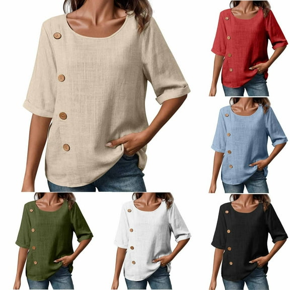 Women's Summer Short Sleeve Button Down Shirt Tops Blouses Tunics Round Neck Loose Fit Solid Color Casual Work Office Vacation Travel Outfits Fashion Essential Gift for Ladies