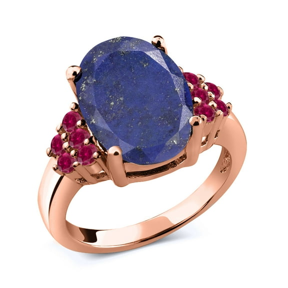 Gem Stone King 4.50 Ct Oval Blue Lapis Red Created Ruby 18K Rose Gold Plated Silver Ring (Size 7)