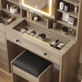 thumbnail image 6 of Hassch 47.2" Large Vanity Desk with Lighted Mirror Cabinet and Charging Station, Makeup Dressing Table with Hooks, Glass Top and Cushioned Stool, Open Shelves and 5 Storage Drawers, Gray, 6 of 6