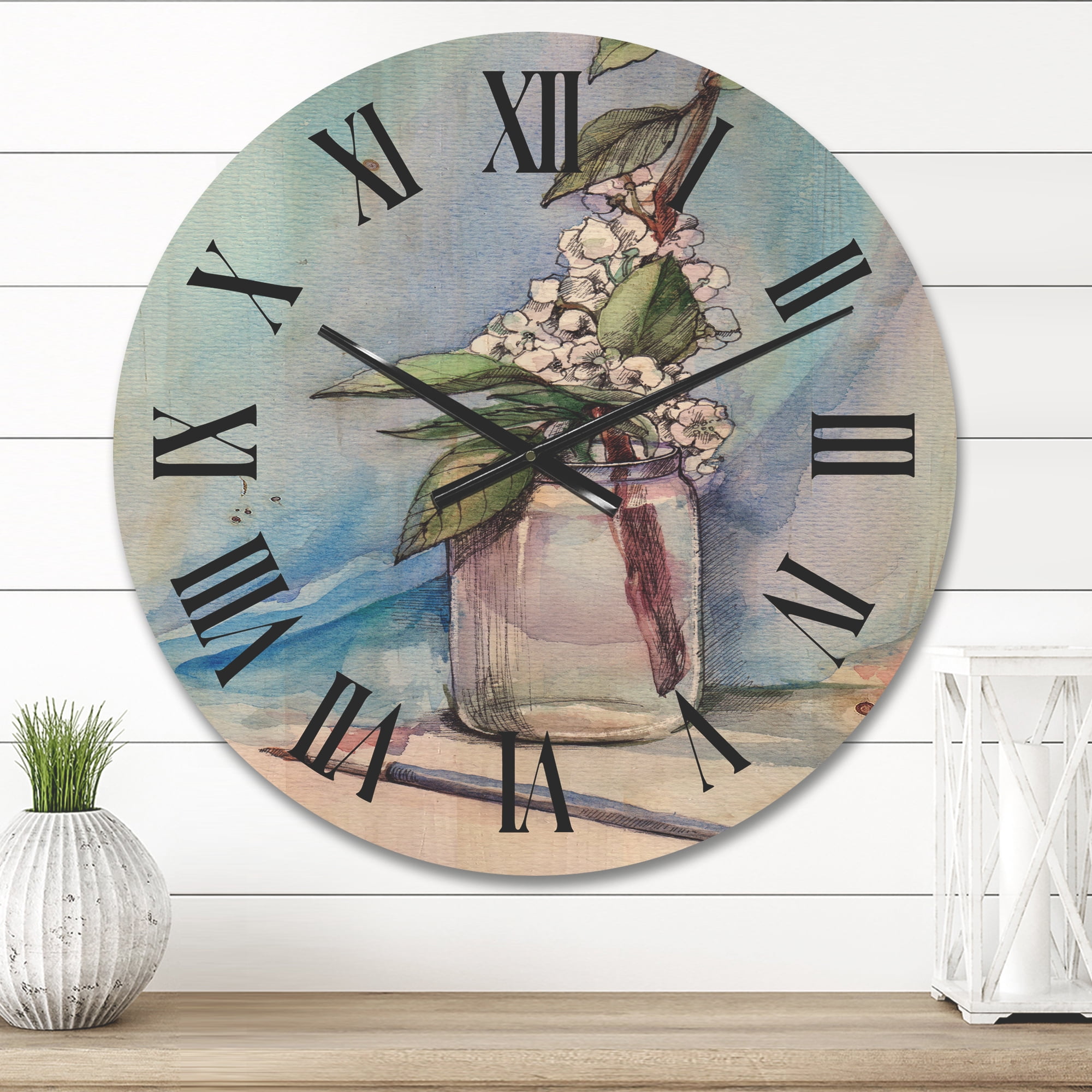 Designart 'Cherry Blossom Flowers In Glass Jar' Farmhouse Wood Wall Clock