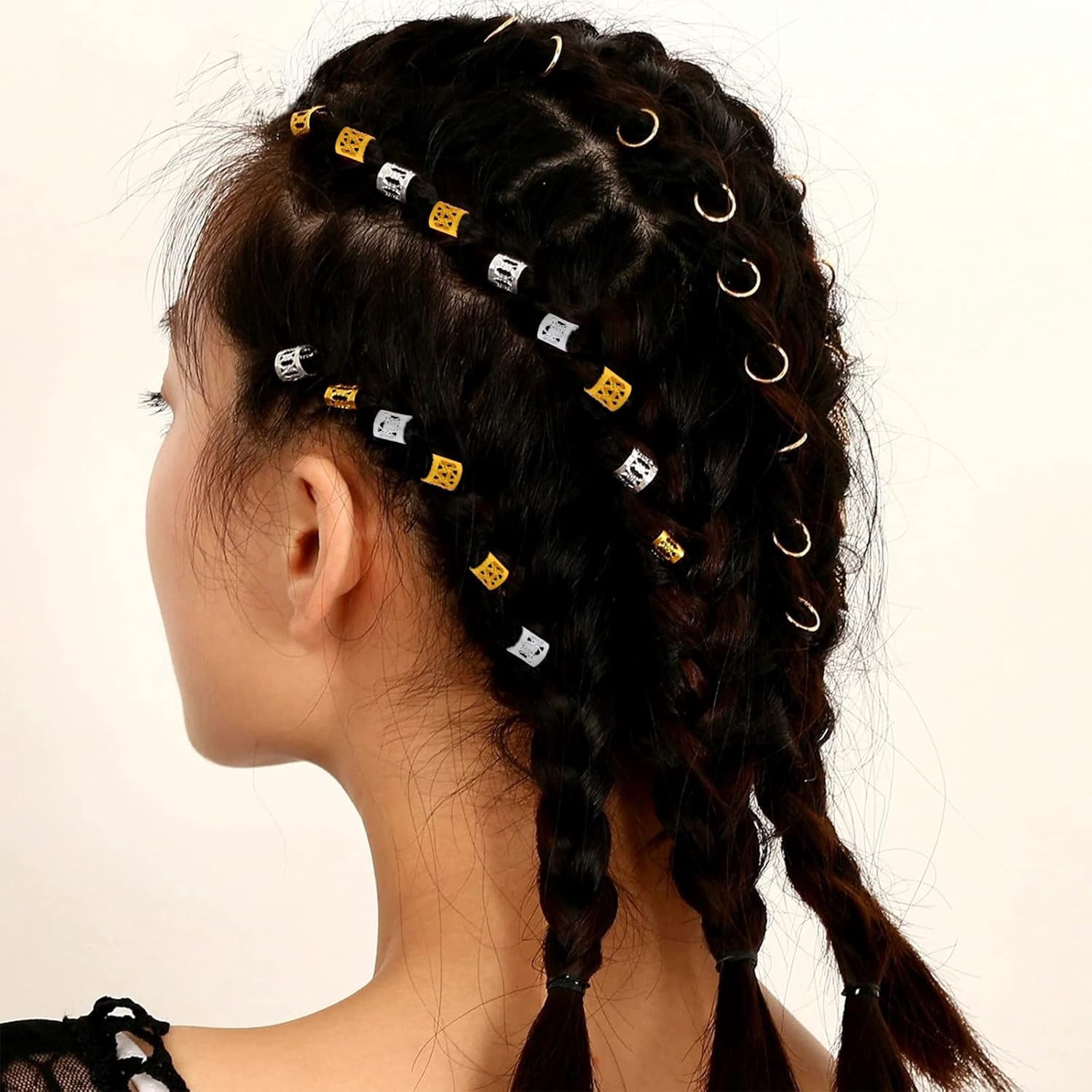 ZYNERY Hair Braid Rings Hair Cuffs Set, 150 Pieces Metal Hair Jewelry Pendant Rings Charm Hair Clip Braiding Circle, Dreadlocks Hair Accessories/Decoration for Woman and Man (Gold & Silver)
