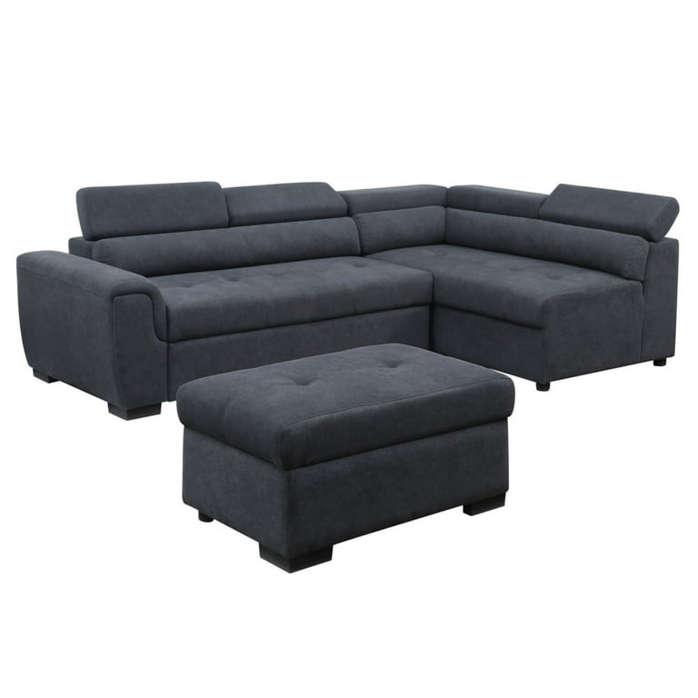 Haris Gray Fabric Sleeper Sofa Sectional Couch and Storage Ottoman