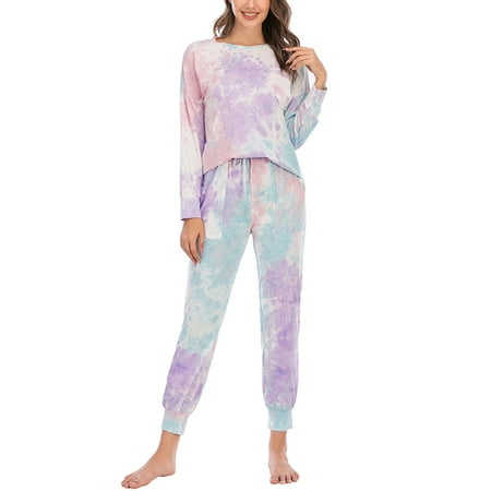 

Rejlun Ladies Pajamas Set Tie Dye Nightwear Suit 2 Pieces Pjs Loose Sleepwear Outfits Top And Pant Sleep Home Clothes Green Purple M