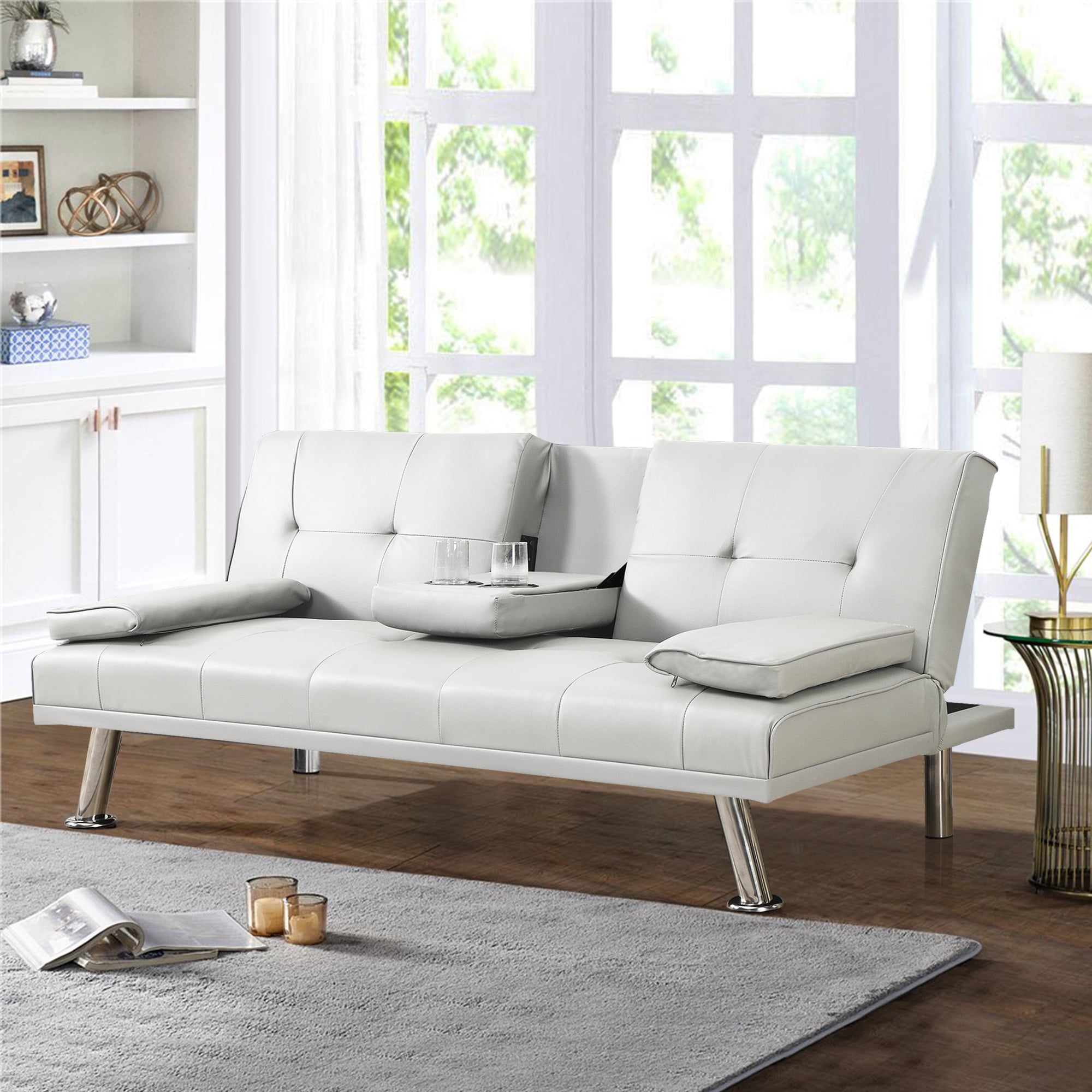 Faux Leather Upholstered Modern Convertible Folding Futon Sofa Bed at ...