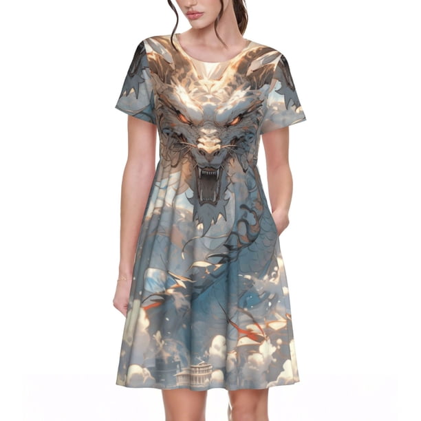 Easygdp Cool Cloud White Dragon para Vestido Transpirable de Mujer, Vestido Suelto de Manga Corta con Pliegues y Bolsillos para el Verano
