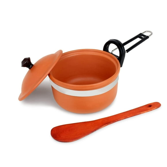 Handmade Terracotta Clay Frying Pan 1.5 Liters With Lid + Wooden Spatula | Eco Friendly Earthen Clay Frying Pan For Cooking & Wooden Palta Spatula