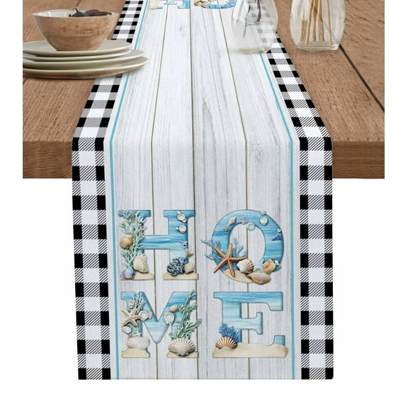 Coastal Beach Burlap Cotton Table Runner 13x36 Inches Short, Summer Wood Grain Black White Plaid Farmhouse Table Runners, Outdoor Dining Tablecloths Decor for Baby Shower/Party/Wedding