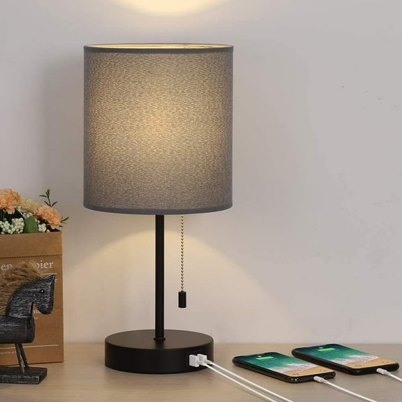 USB Bedside Table Lamp, Nightstand Lamp with Gray Fabric Lampshade, Dual USB Quick Charging Ports, Desk Lamp Perfect for Bedroom Living Room Study Room Office Dressing Room
