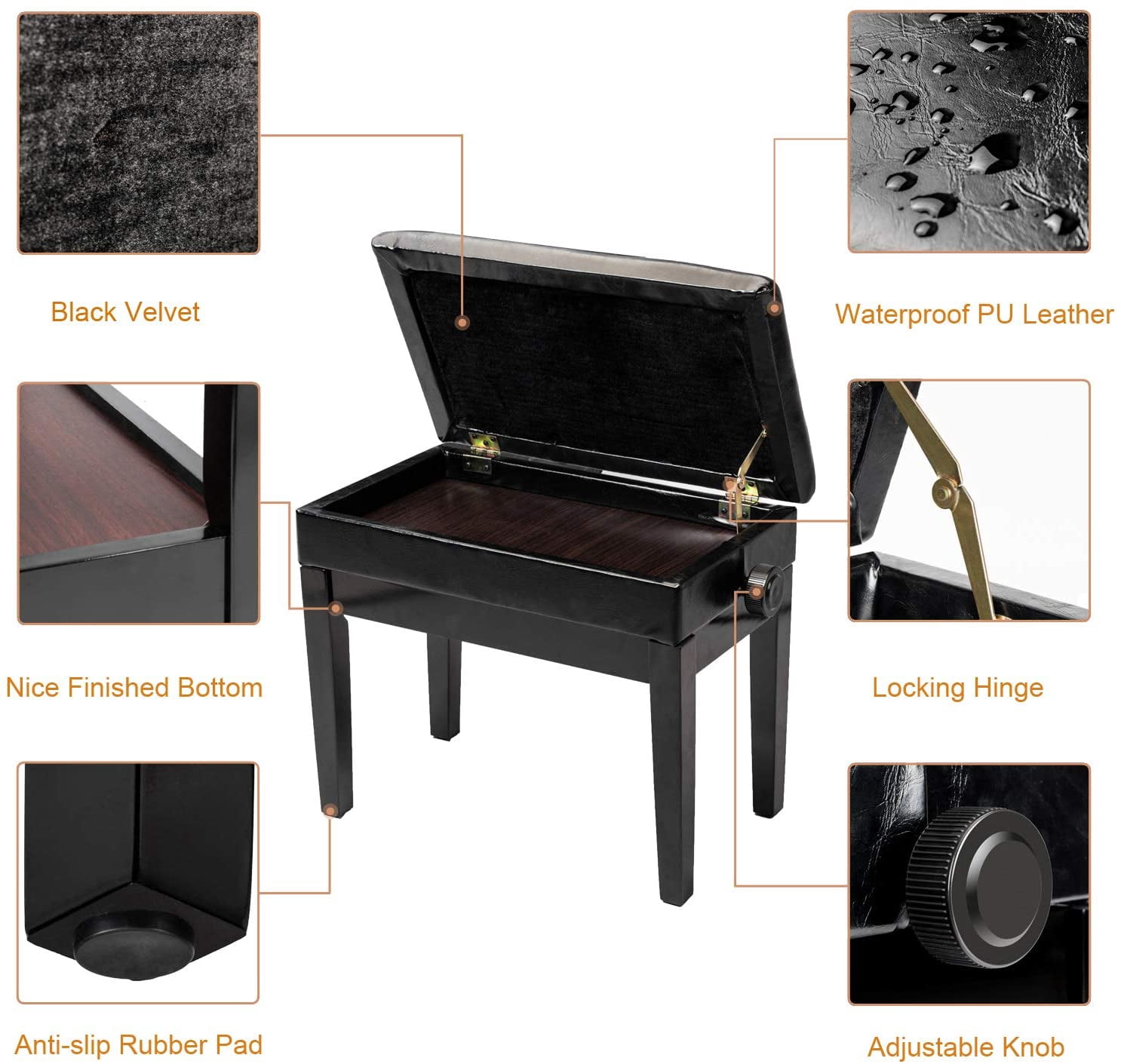Bonnlo Adjustable Wooden Piano  Stool PU Leather Padded Seat with Music Storage Compartment, Black