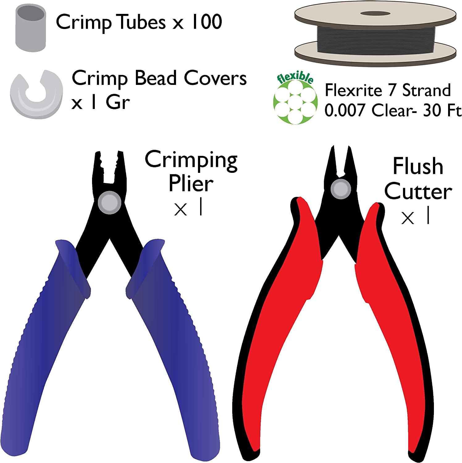 The Beadsmith Crimper Mega Kit, Includes Crimp Forming Pliers, Cutter, 2x2mm Crimp Tubes, 3mm Crimp Bead Covers & 7-Strand FlexRite Wire, Create Rounded Crimps Every Time, No Sharp Edges