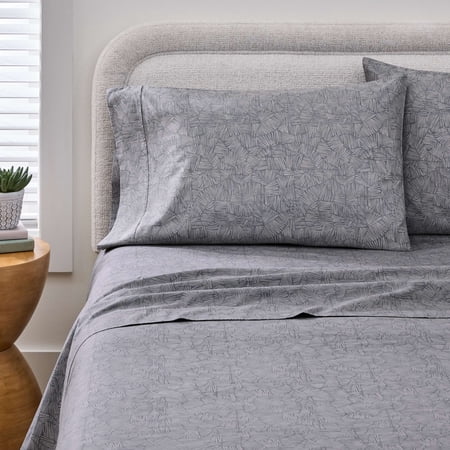 BETTER HOMES & GARDENS 300 THREAD COUNT 4-PIECE COTTON PERCALE ZIGGY GEO PRINT GREY FLANNEL BED SHEET SET, QUEEN