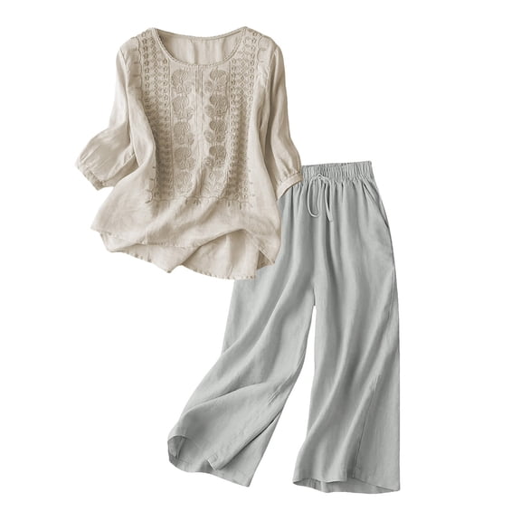 NMMUED Two Piece Sets for Women Summer Womens Linen Set Summer Lounge Sets for Women Pants Sets Women 2 Piece Outfits Travel Outfits for Women, Beige L