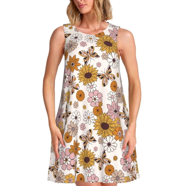 Balery Sunflowers And Butterflies Vestidos de verano para mujer con estampado: vestido holgado sin mangas, vestido playero informal y cómodo para días calurosos.
