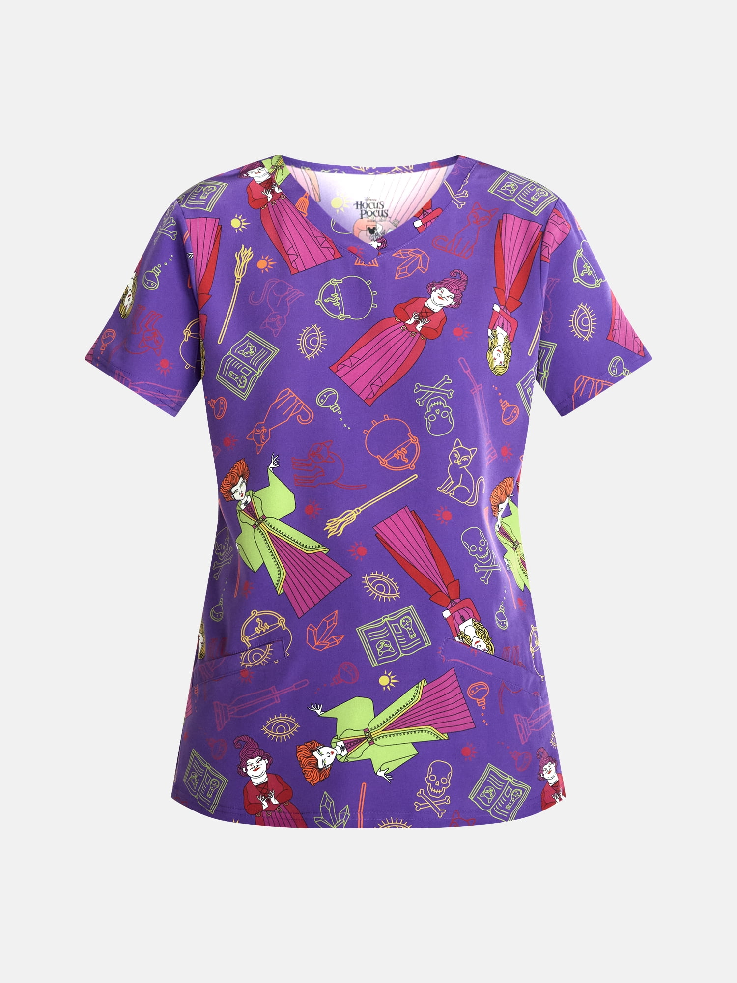Hocus Pocus Women's Halloween Scrub Top with Short Sleeves, Sizes S-XXXL